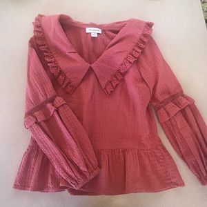 Salmon pink open collar peplum blouse
